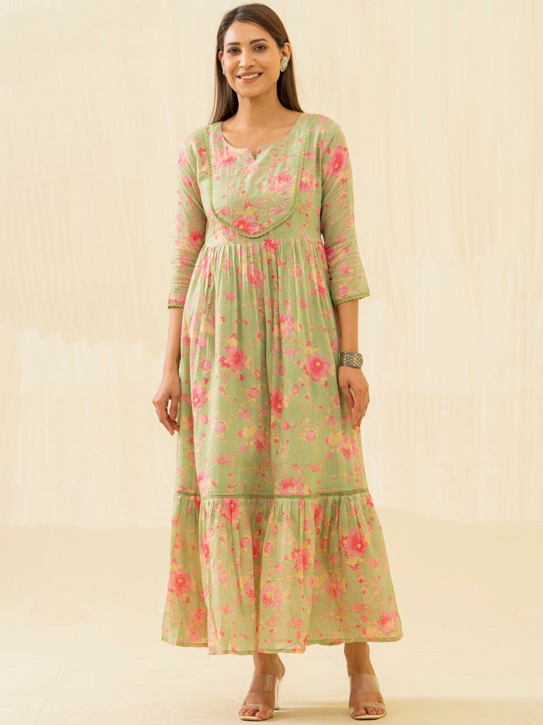 Sangria Green Floral Printed Fit And Flare Ethnic Dress - Ethnic Dresses for Women 26157474 | Myntra