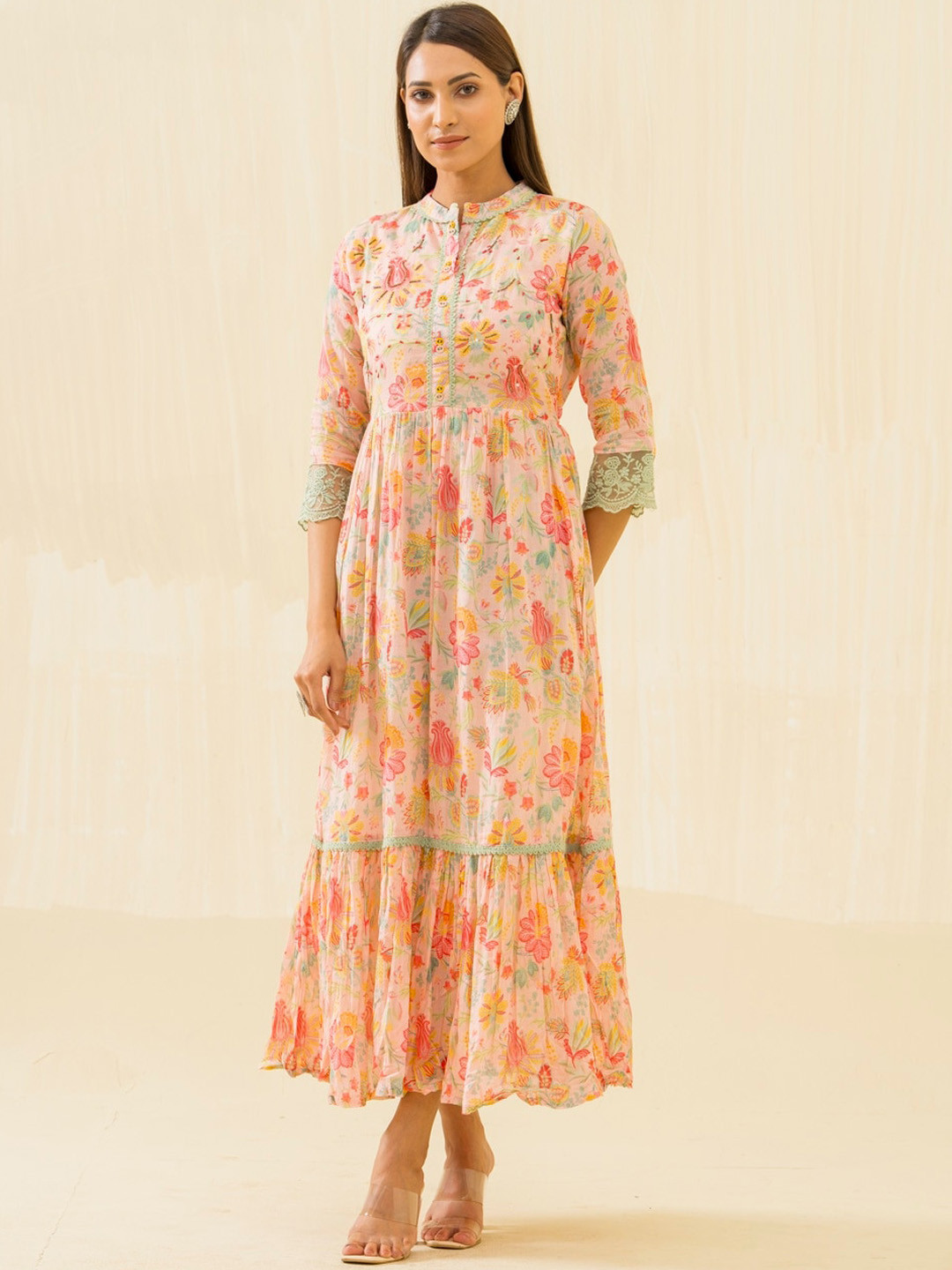 Sangria Orange Floral Printed Mandarin Collar Sequinned Cotton Fit & Flare Ethnic Dresses
