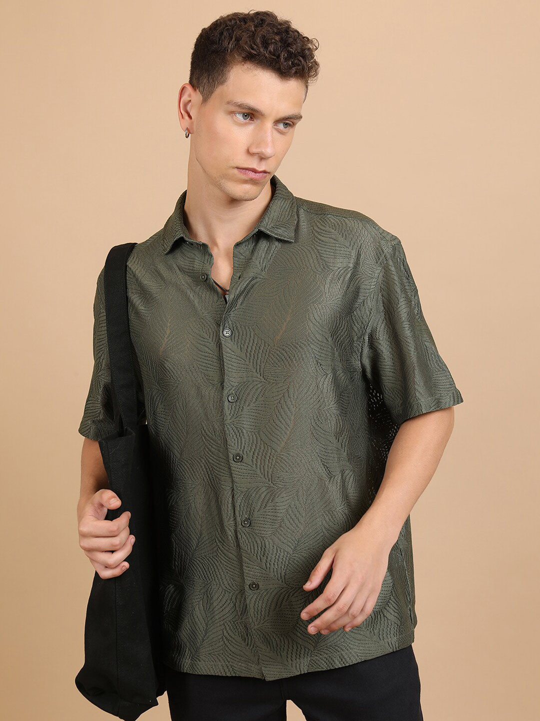 HIGHLANDER Crochet Textured Cutaway Collar Drop Shoulder Oversized Casual Shirt