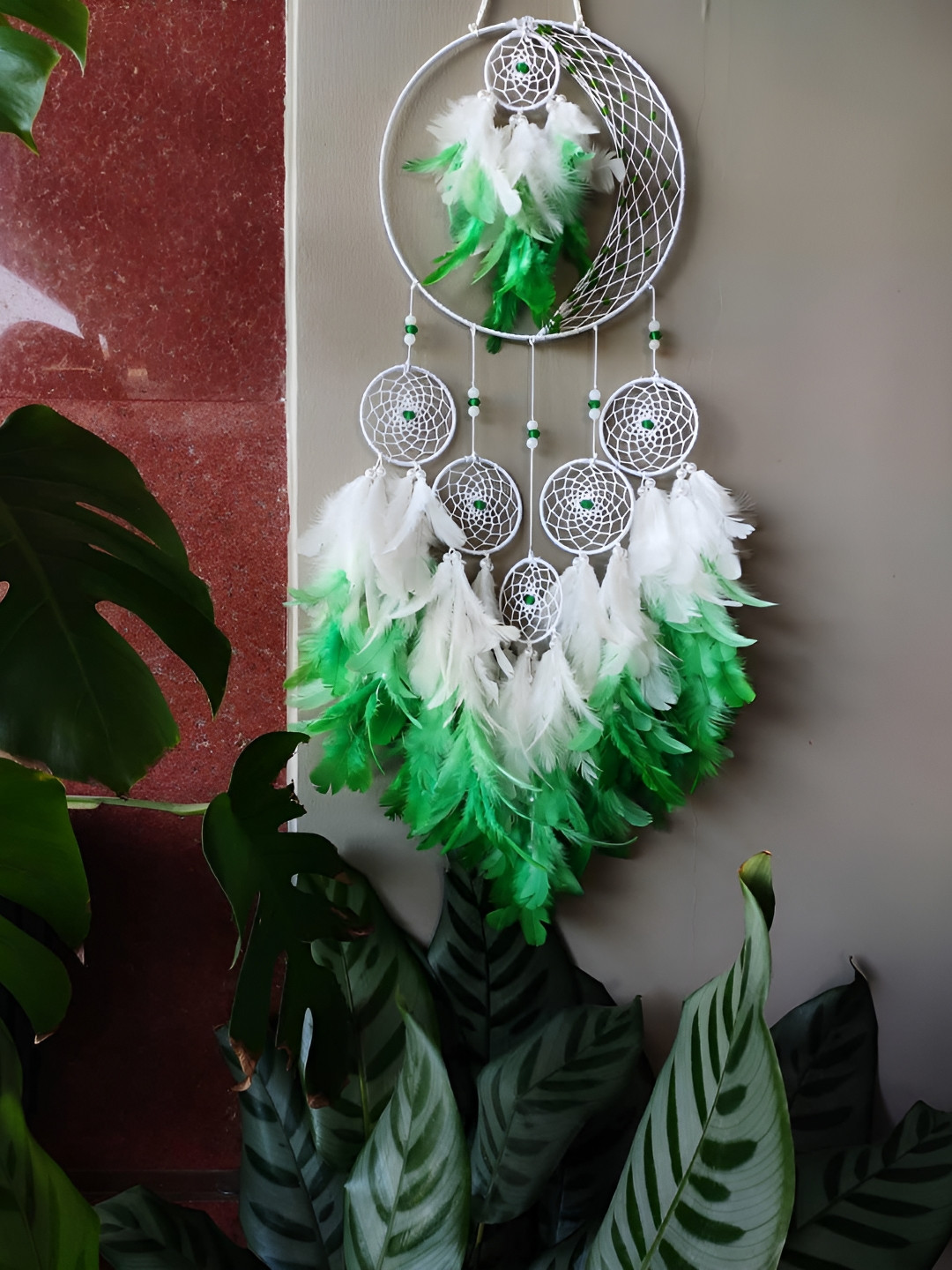 UVID ART AND CRAFT SUPPLIES Green & White Feathers Hanging Dream Catcher