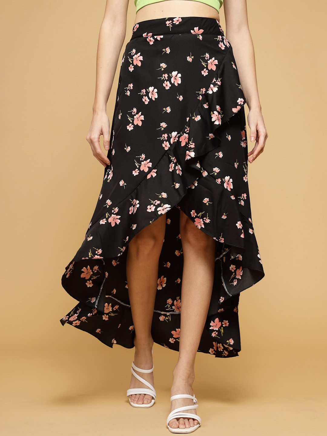 Oomph! Floral Printed Wrap High Low Midi Skirt