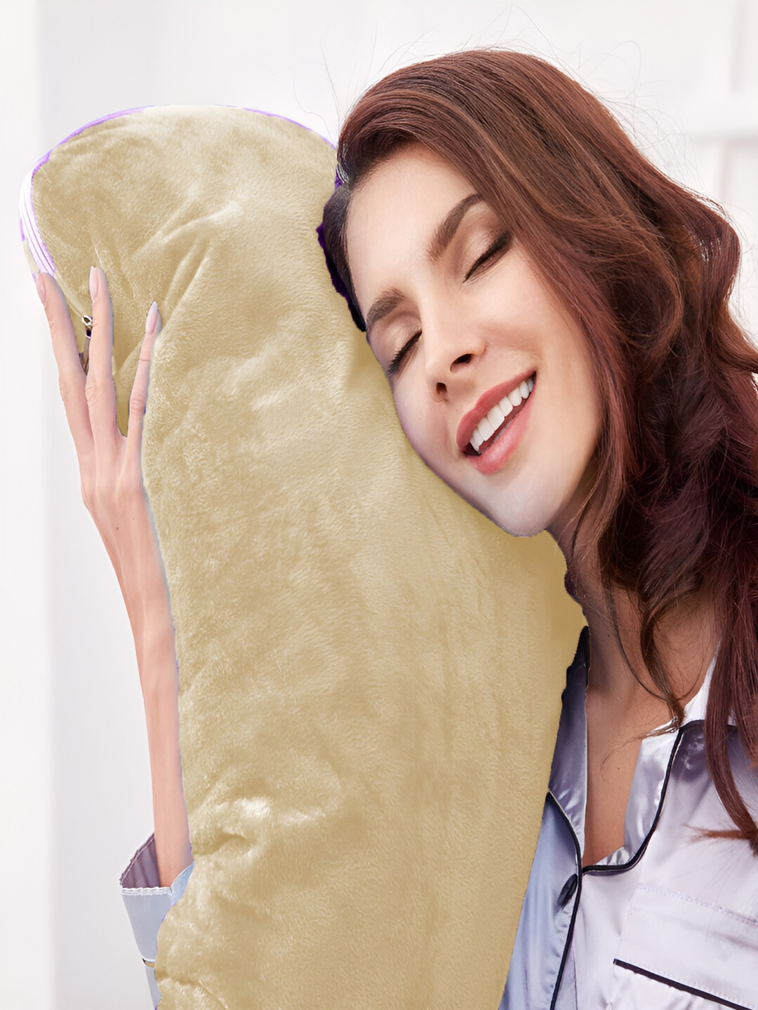 Angel Mommy Cream Solid Faux Velvet Medium Fibre Sleep Pillow-10 x 80 x 140 cm