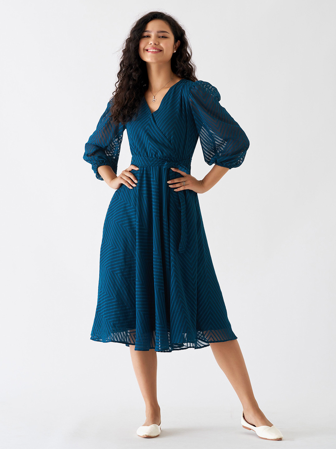 AASK Geometric Self Design Tie Ups Wrap Dress