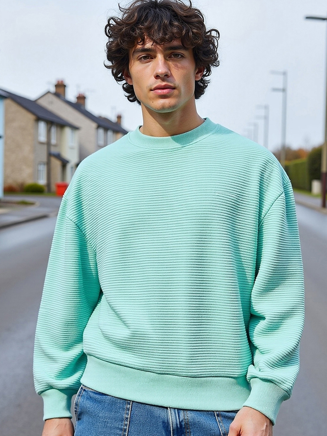 Bewakoof Green Striped Round Neck Long Sleeves Oversized Pullover Sweatshirt