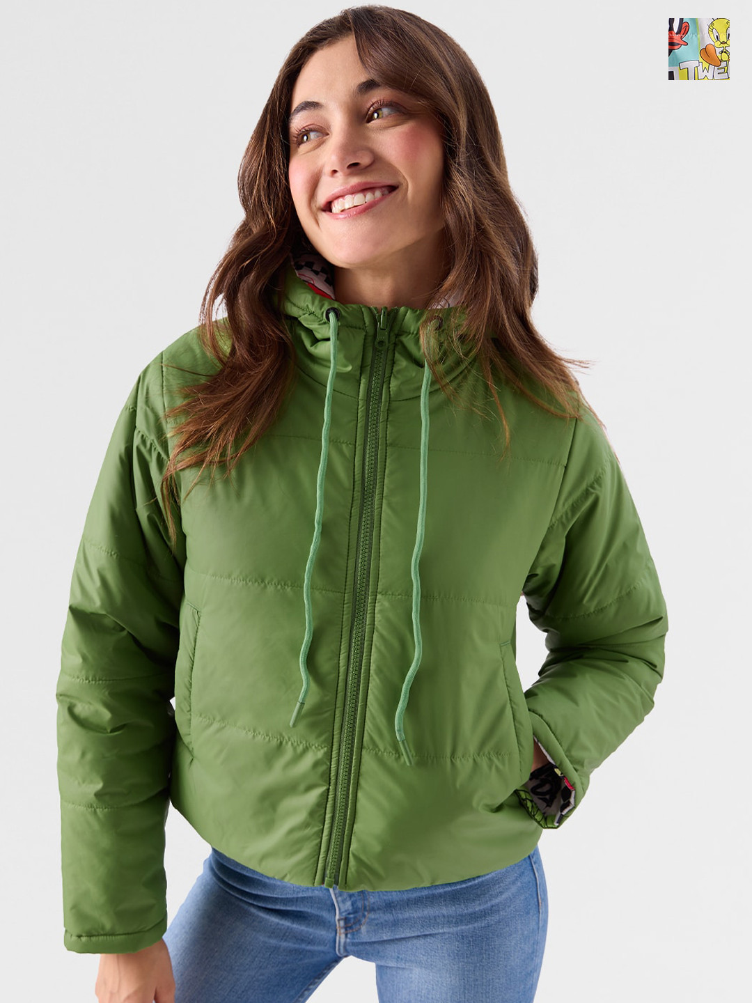 The Souled Store Green & White Looney Tunes Back to School Reversible Puffer Jacket