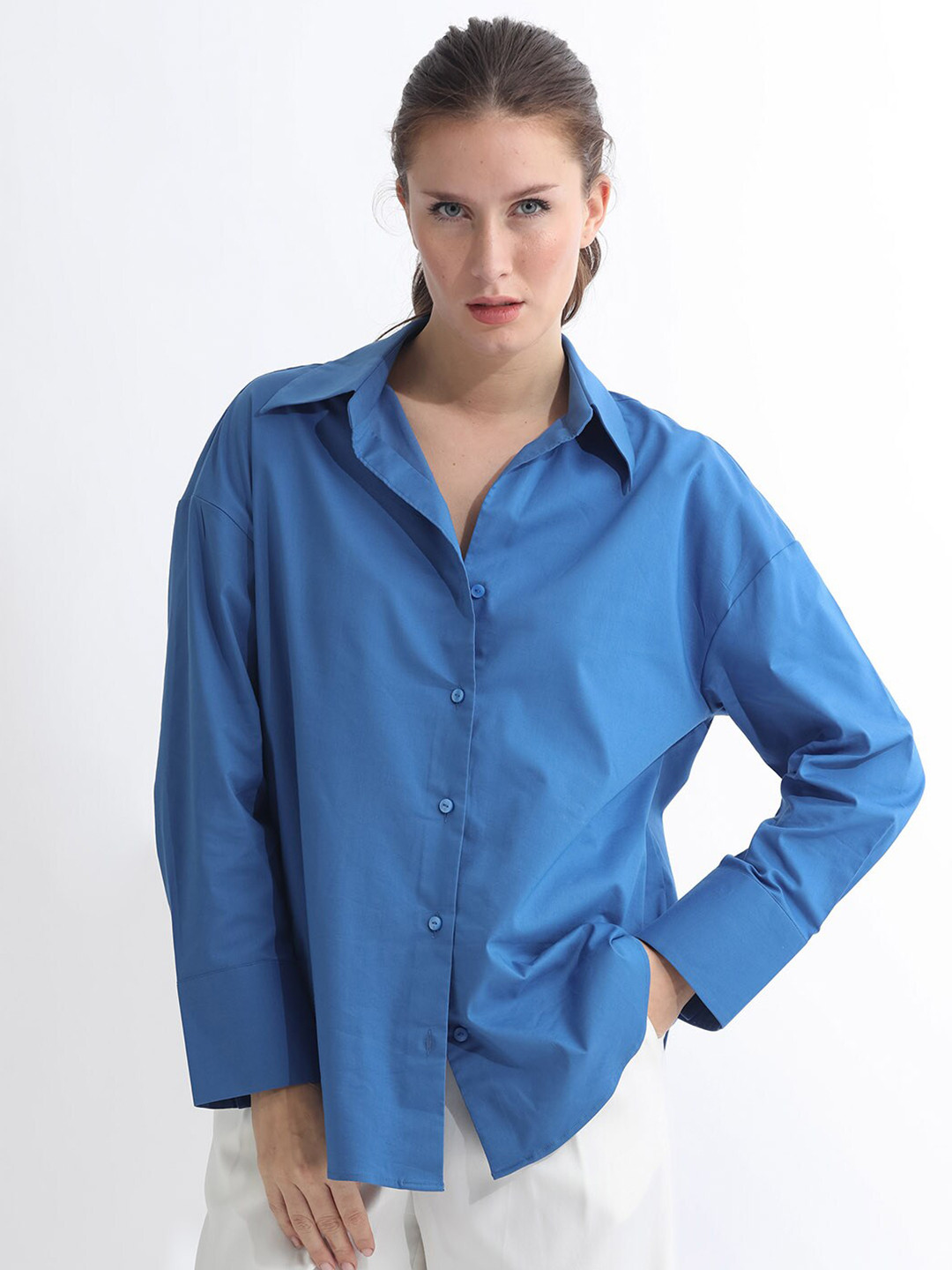 RAREISM Women Blue Regular Plain Full Sleeve Spread Collar Shirt
