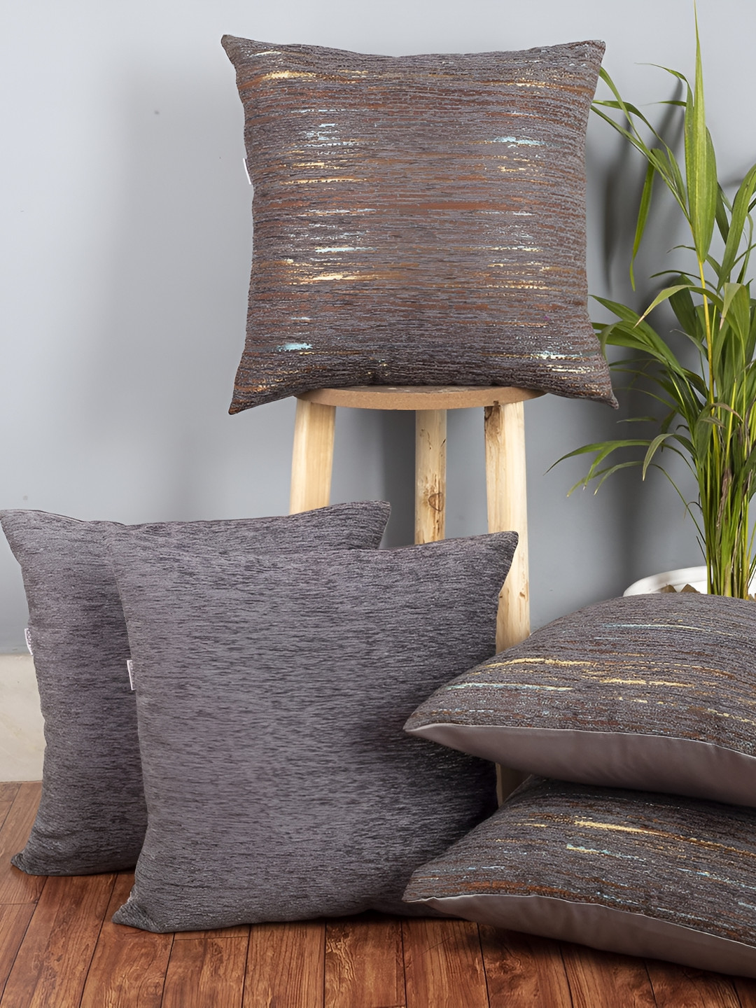 CAZIMO Abstract Brown Jacquard Durable 5 Piece Textured Square Cushion Covers -16x16In