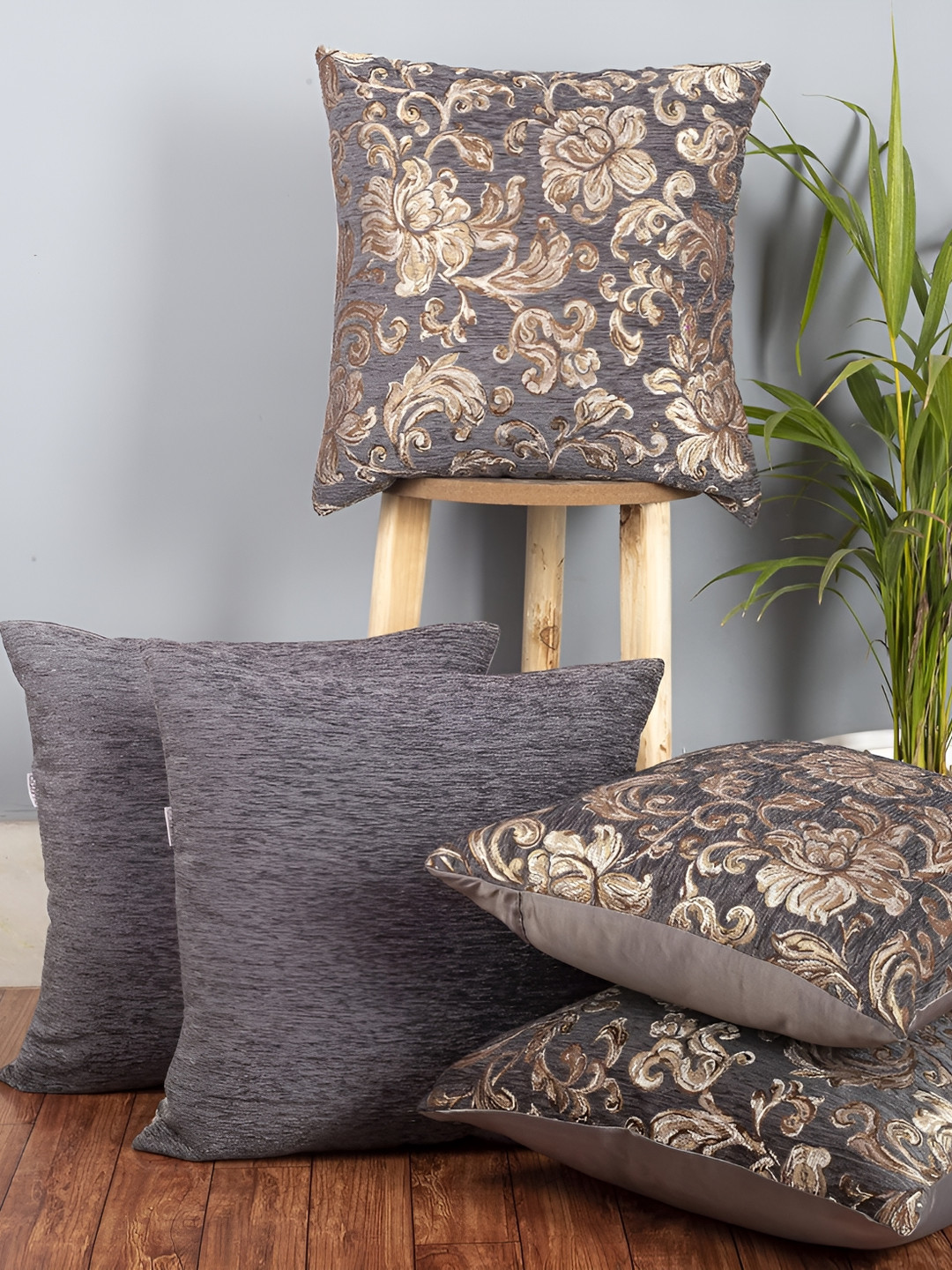 CAZIMO Grey & Gold-toned 5 Pieces Floral Print Jacquard Square Cushion Covers
