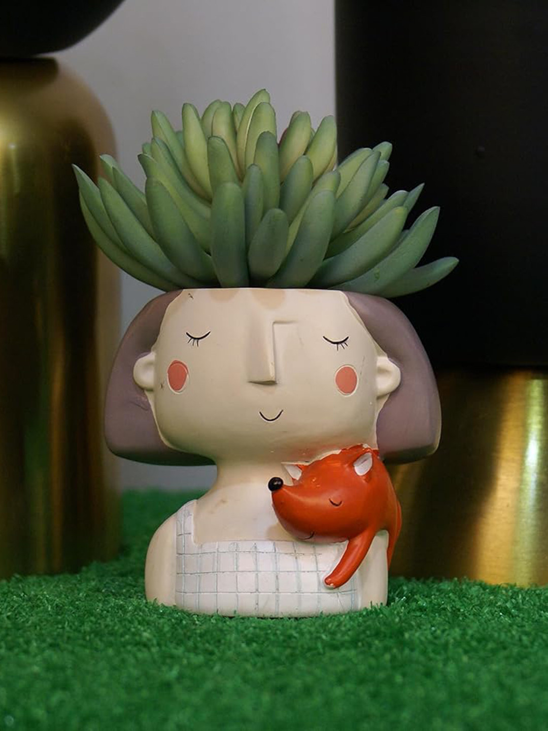 Garden Deco Beige & White Cute Girl Resin Pot Planter