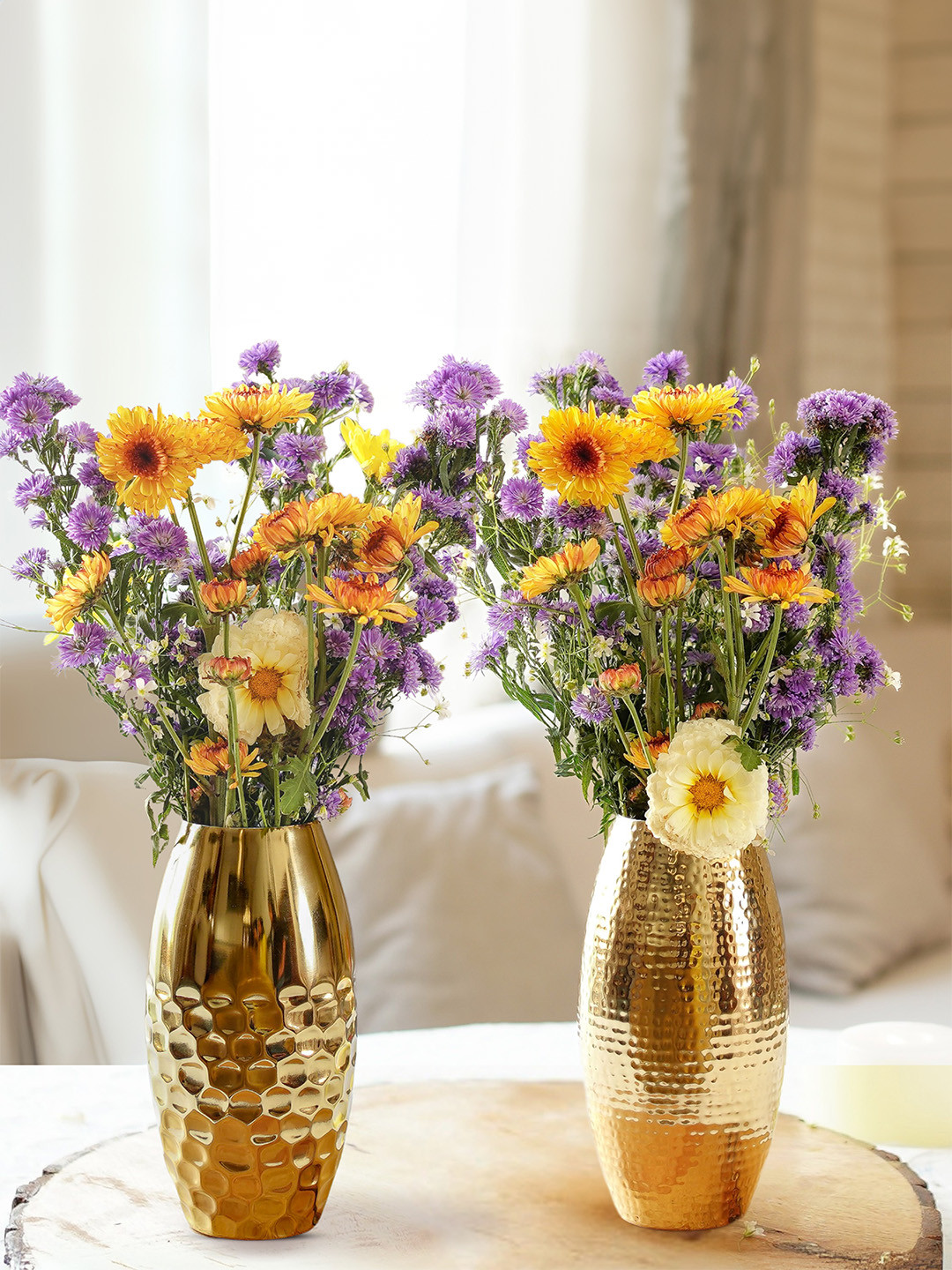 BEHOMA Set of 2 Hammered Gold Toned Oblong Metal Flower Vase