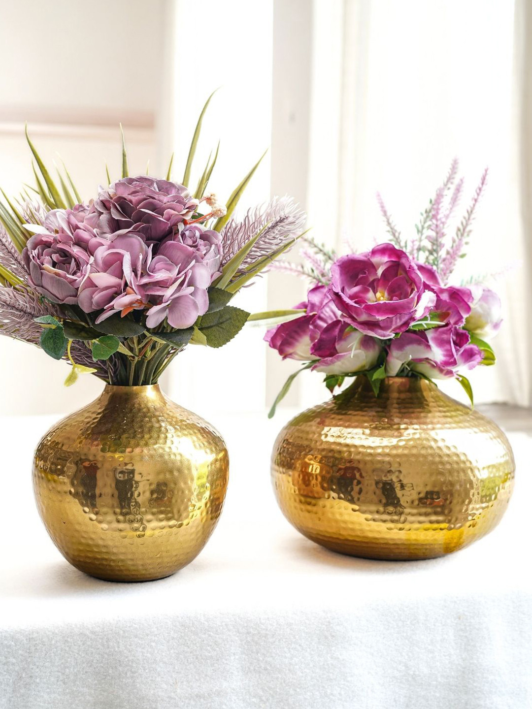 BEHOMA Hammered Gold Toned Set of 2 Metal Bud Flower Vase