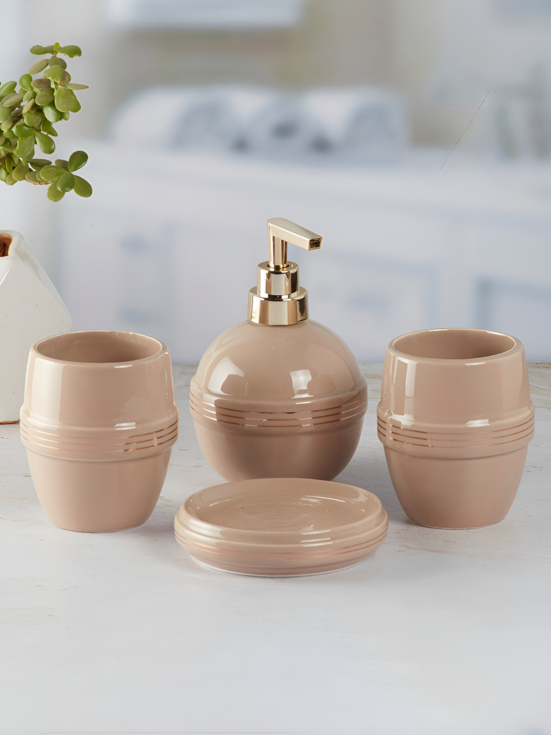 Kookee Brown 4 Pieces Striped Ceramic Bath Accessories Set