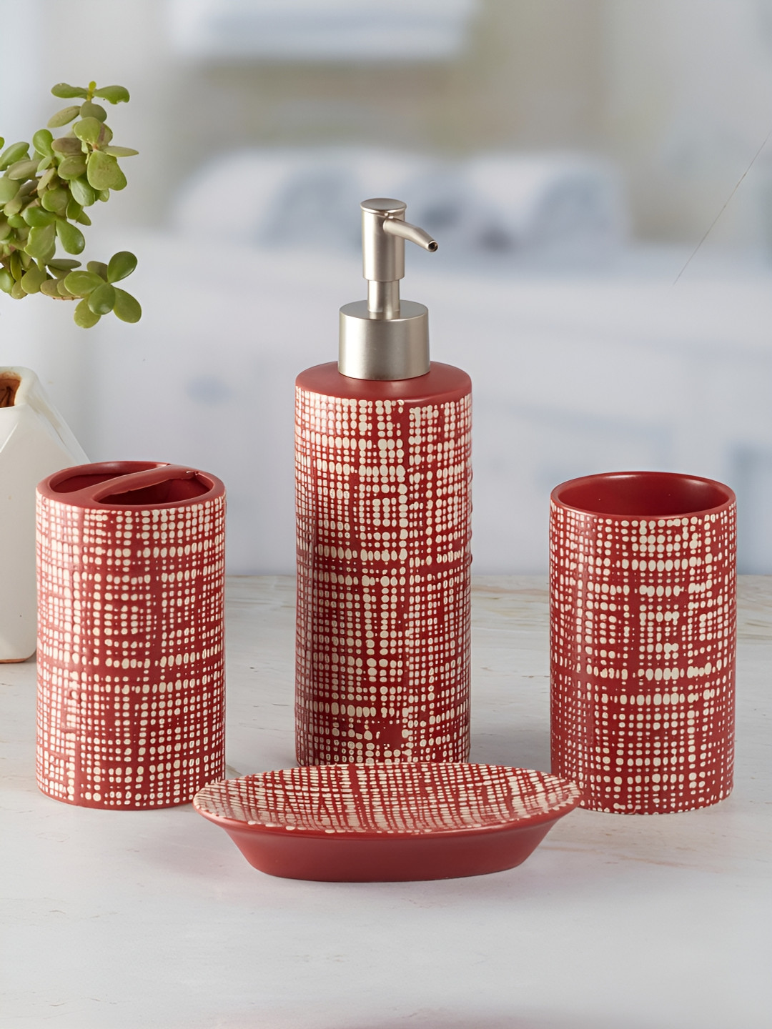 Kookee Red & White 4 Pieces Geometric Ceramic Bath Accessories Set