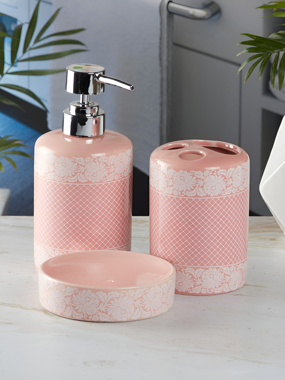 Kookee Pink 3 Pieces Floral Ceramic Bath Accessories Set