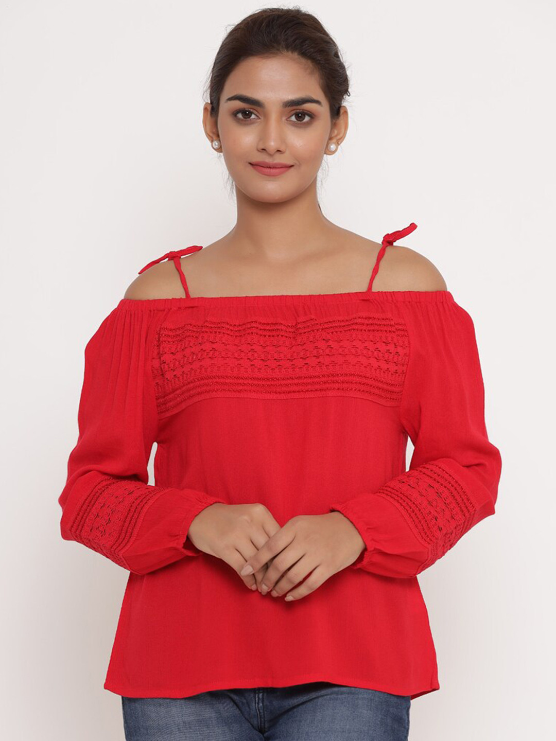 SAVI Self Design Off-Shoulder Puff Sleeves Bardot Top