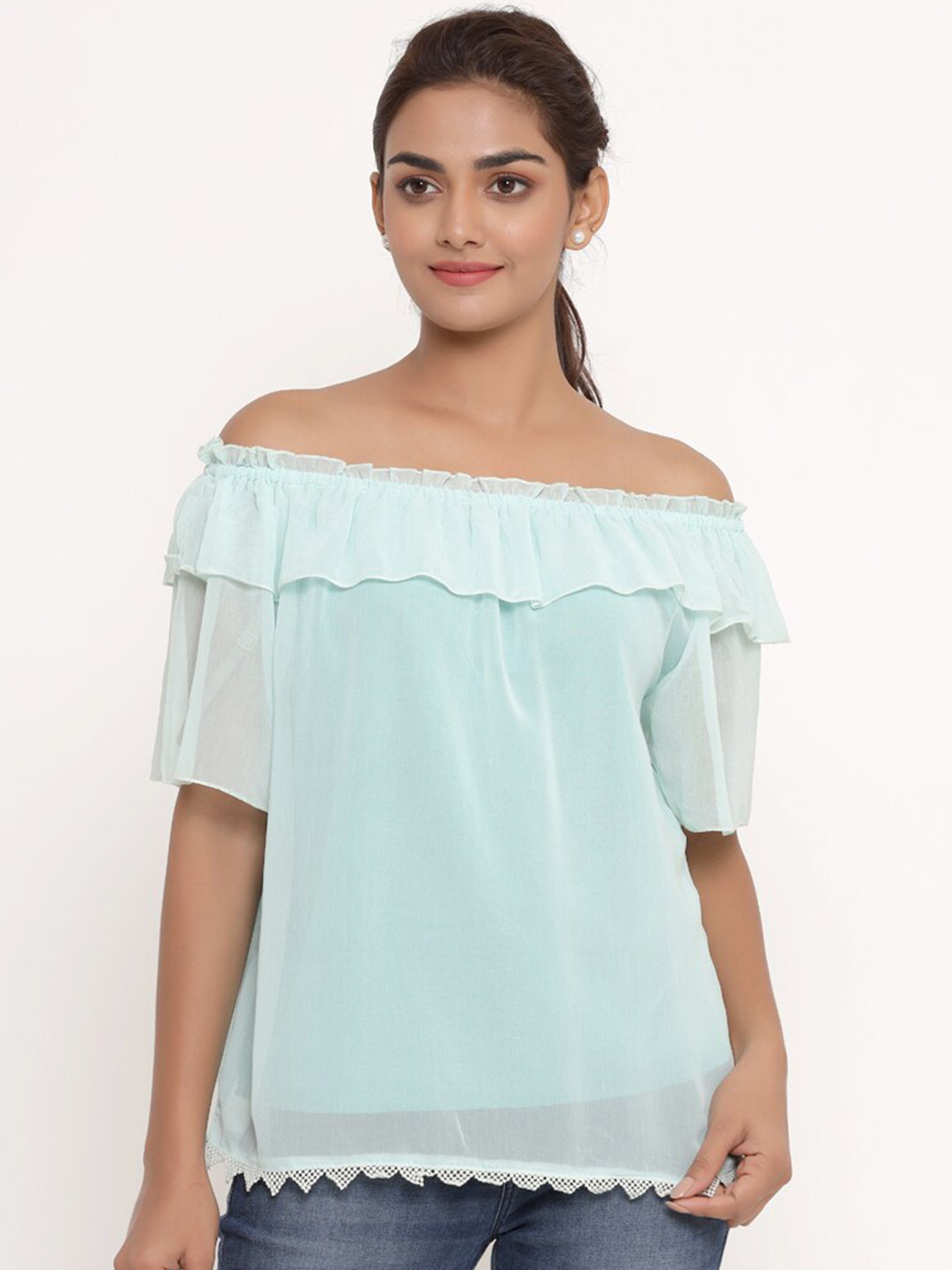 SAVI Ruffled Off-Shoulder Flared Sleeves Georgette Bardot Top