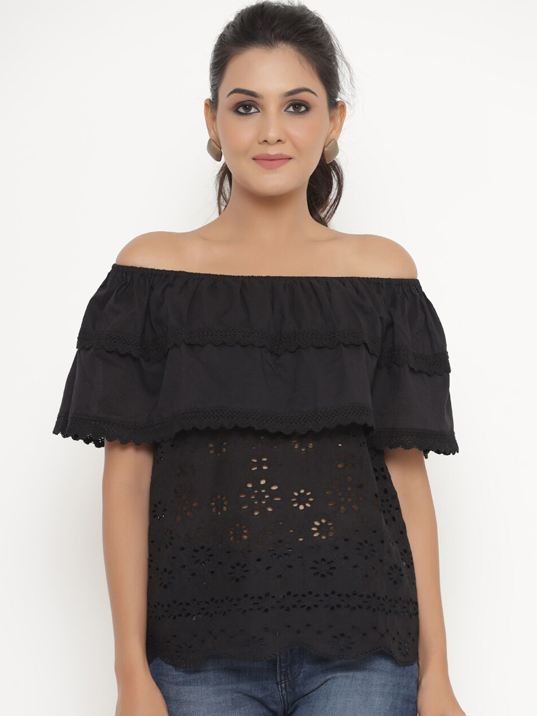 SAVI Self Design Off-Shoulder Cotton Bardot Top