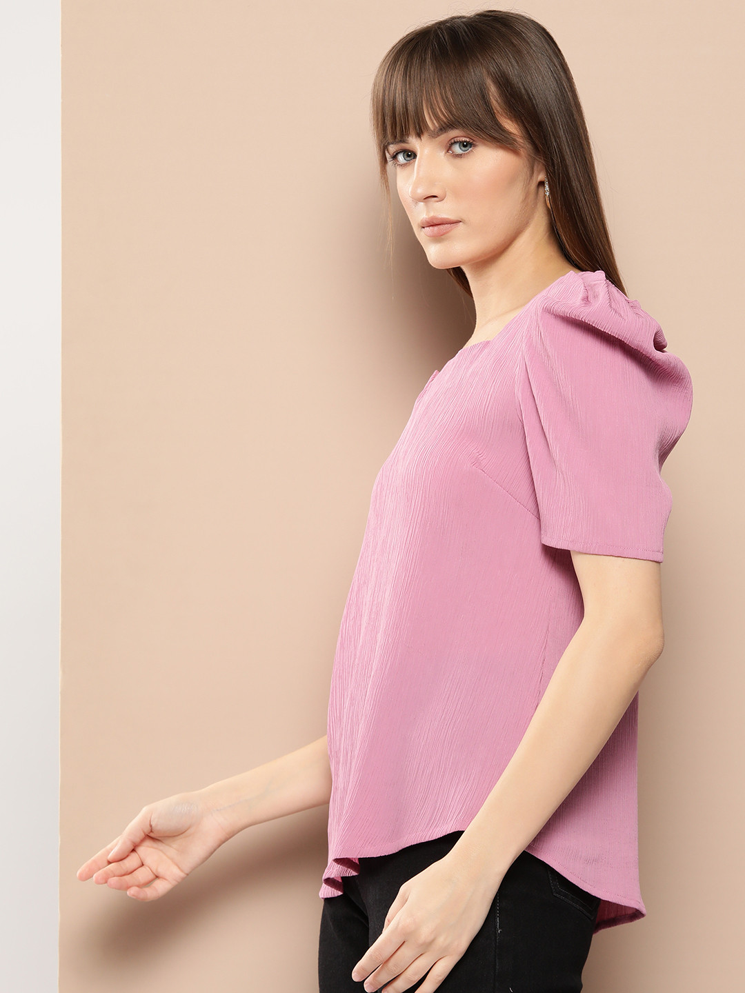 Chemistry Square Neck Puff Sleeve Textured Top