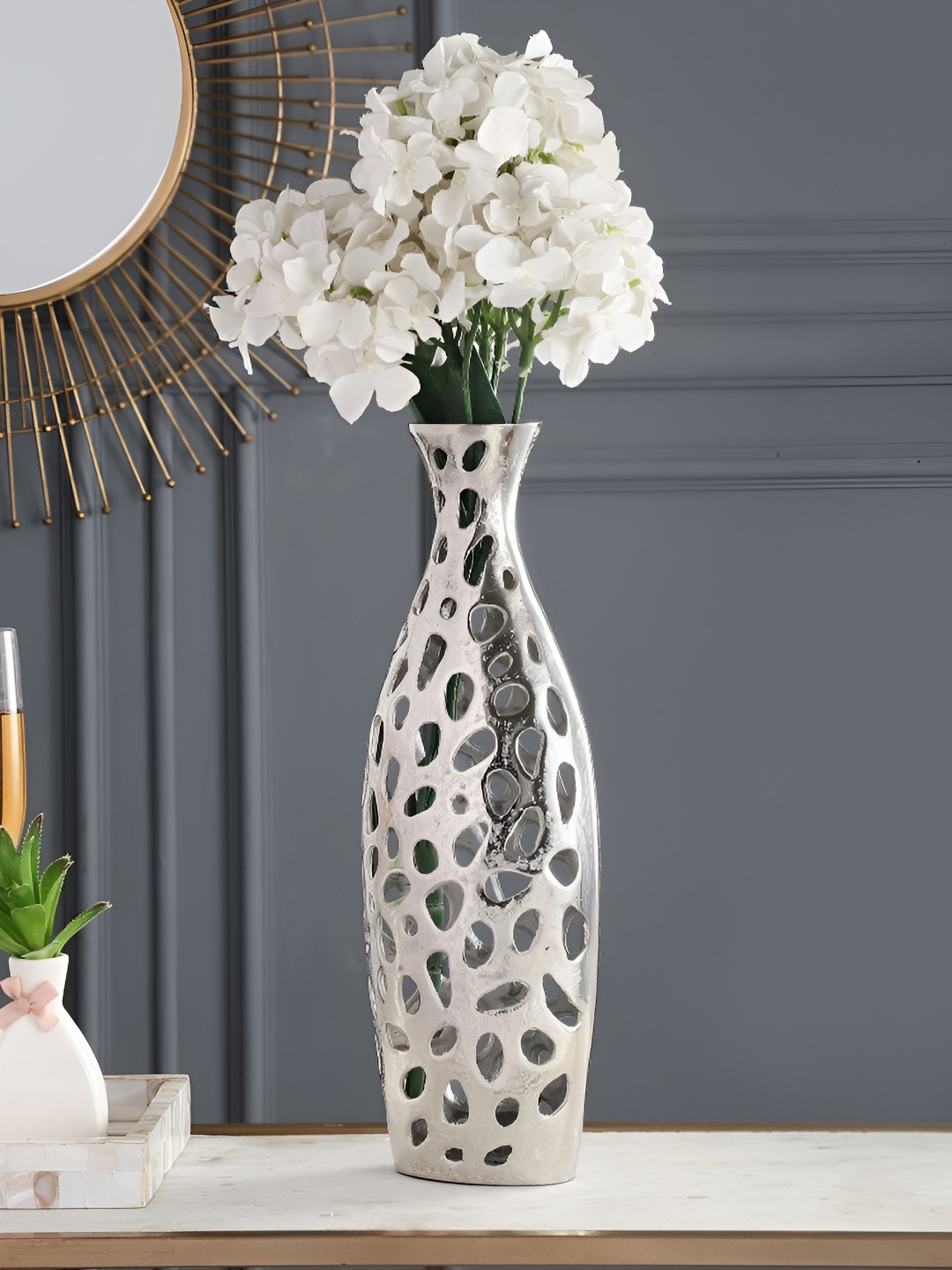 Decor de Maison Grey & Silver Toned Abstract Textured Metal Vase