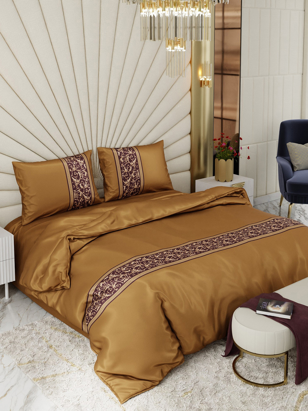 Stoa Paris Gold-Toned AC Room 150 GSM Double Bed Satin Comforter with 2 Pillow Covers