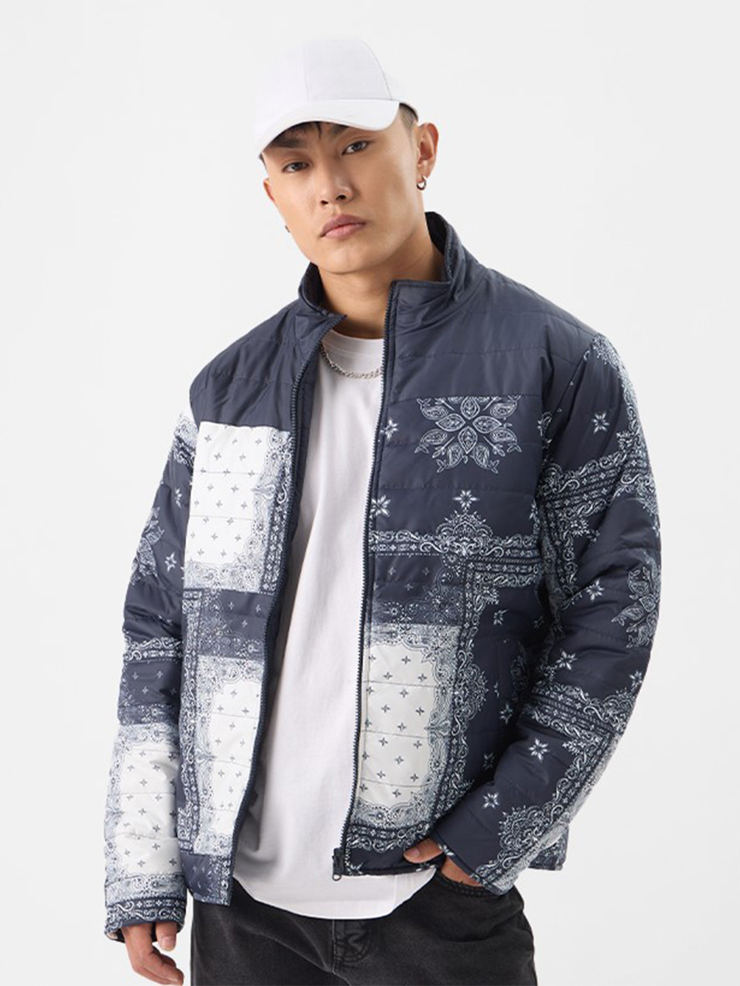 The Souled Store Navy Blue Ethnic Motif Printed Stand Collar Reversible Puffer Jacket