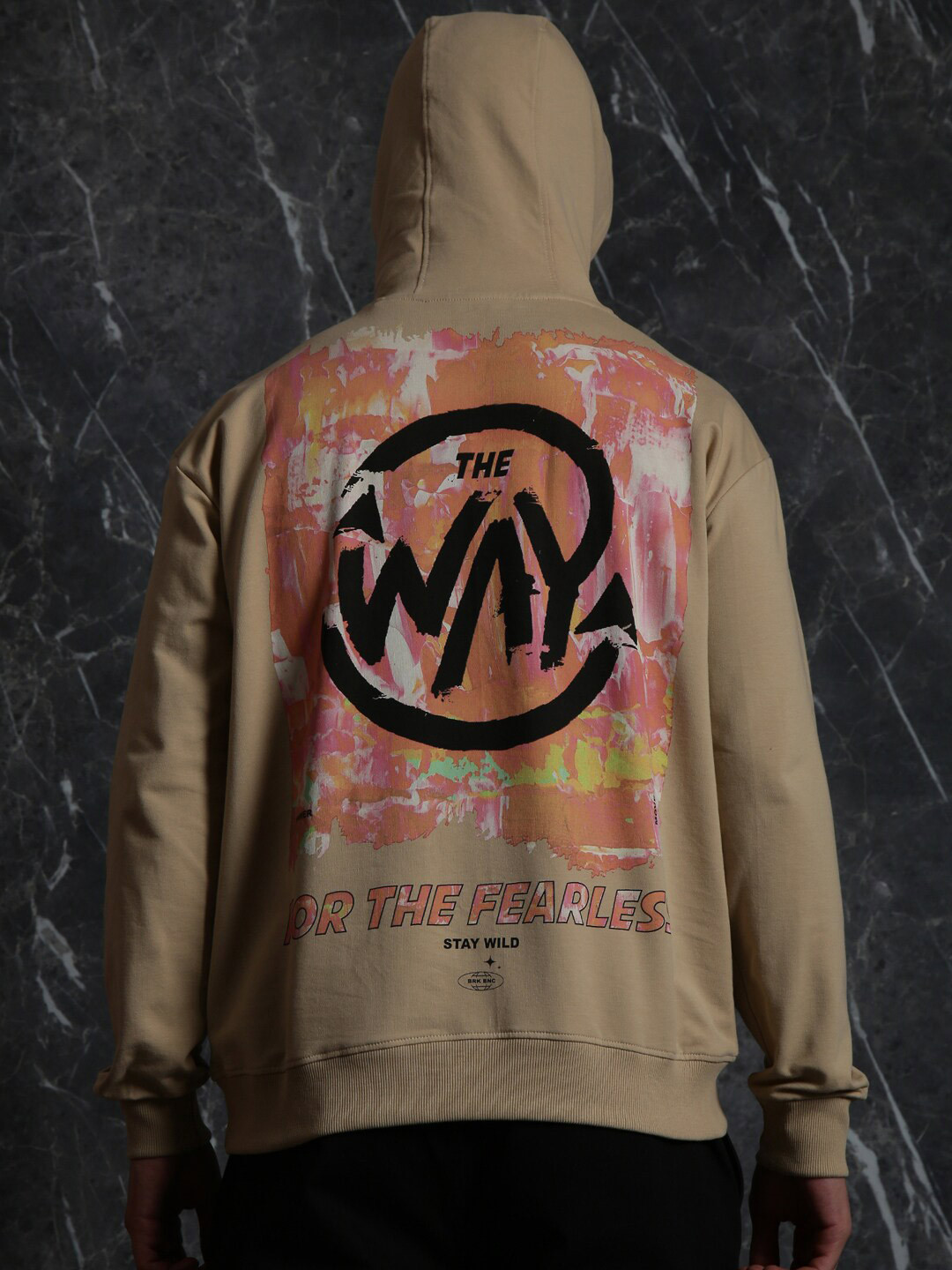 Breakbounce Beige Graphic Printed Relaxed Fit Hooded Cotton Sweatshirt