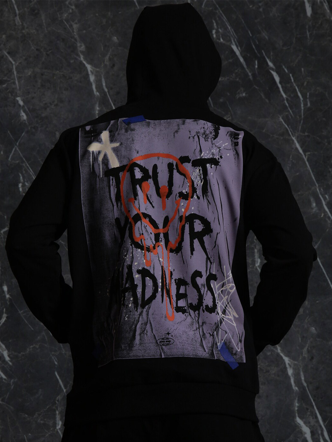 Breakbounce Black Graphic Printed Relaxed Fit Hooded Cotton Sweatshirt