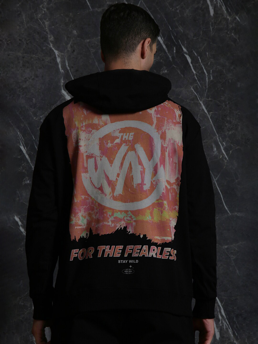 Breakbounce Black Graphic Printed Relaxed Fit Hooded Cotton Sweatshirt