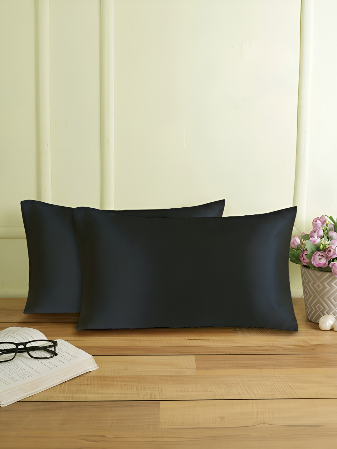 THE CONVERSION Black 2 Pieces Silky Satin Rectangle Pillow Covers