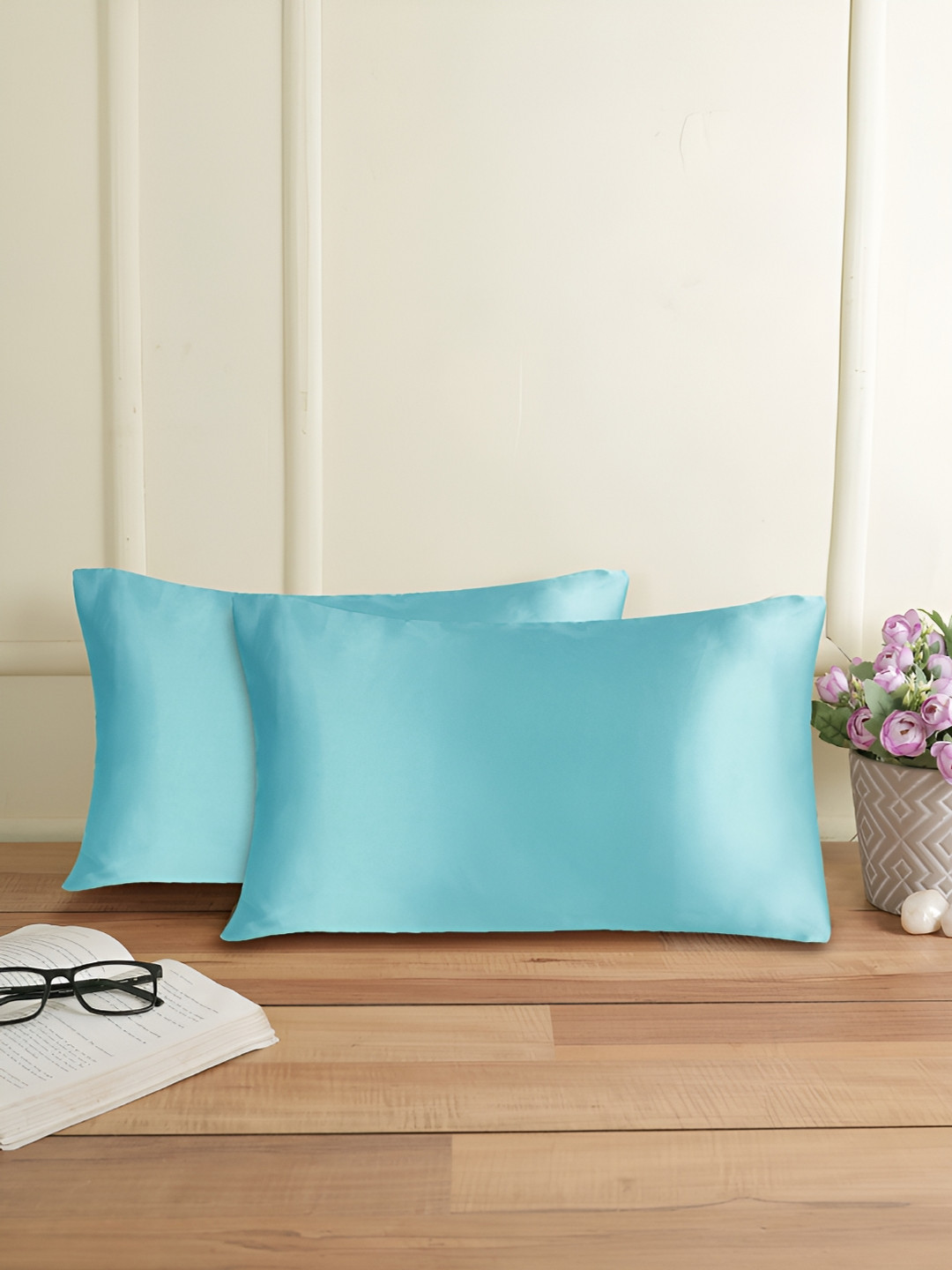 THE CONVERSION Blue 2 Pieces Silky Satin Rectangle Pillow Covers