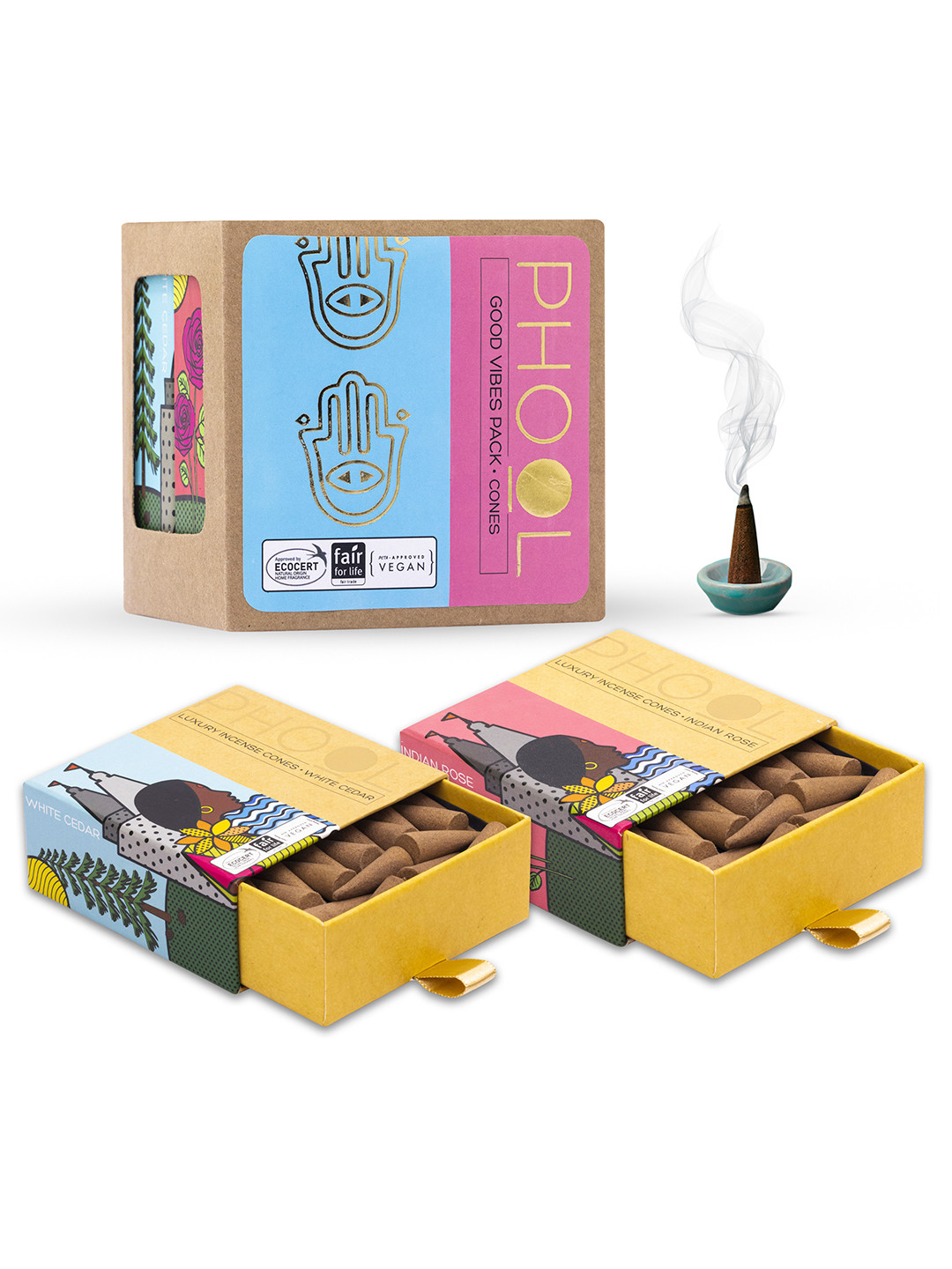 Phool Goodvibes Dhoop Cone - Indian Rose & White Cedar Incense Cones - 80 Pcs