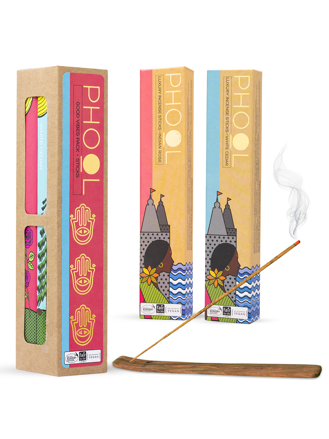 Phool Goodvibes Agarbatti - Indian Rose & White Cedar Incense Sticks - 80 Pcs