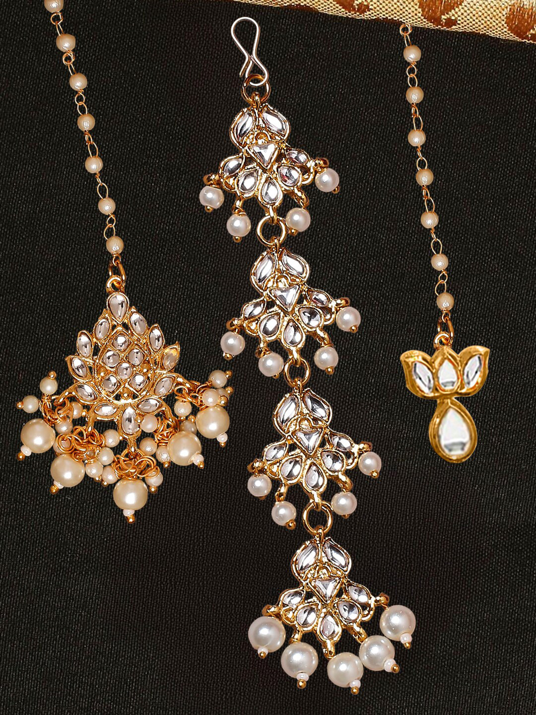 OOMPH Set Of 3 Kundan Studded & Beaded Maang Tikkas