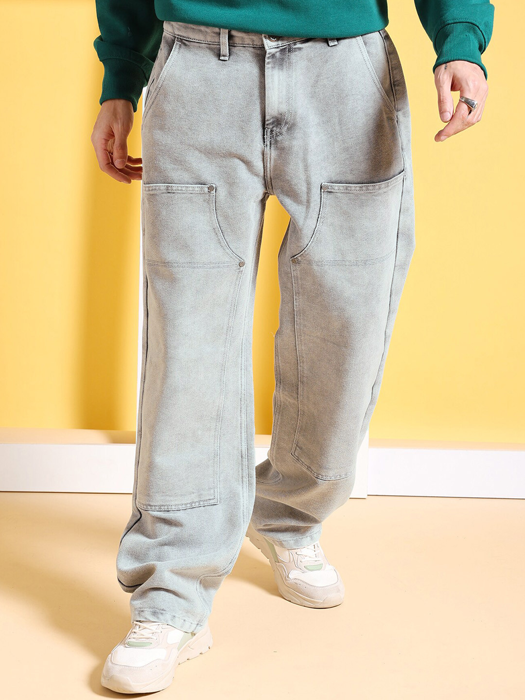 The Indian Garage Co Men Pure Cotton Heavy Fade Mid-Rise Baggy Fit Jeans