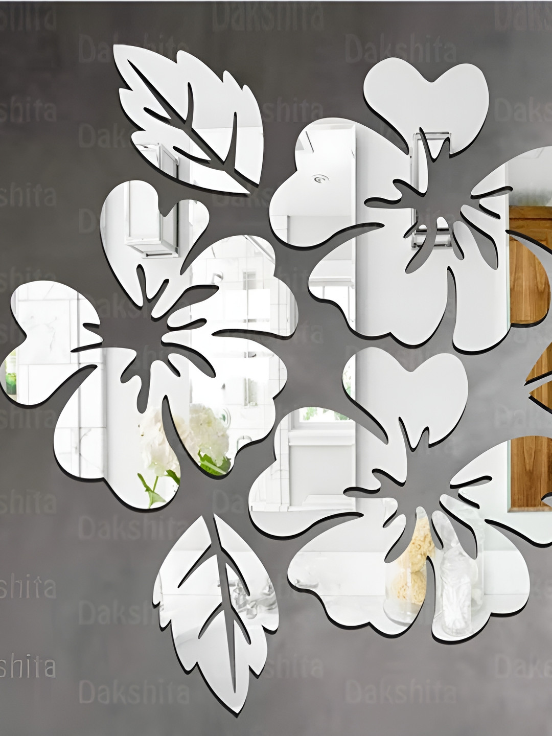 Wall1ders Silver Toned Flower & Leaf Acrylic Mirror Wall Stickers