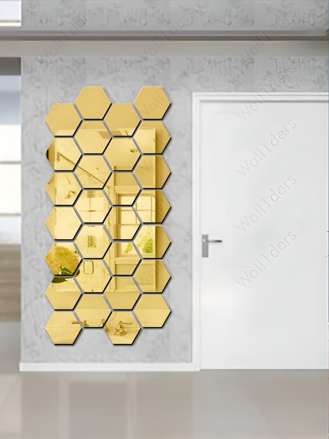 Wall1ders Gold Toned 31 Pieces Hexagon Acrylic Mirror Wall Stickers