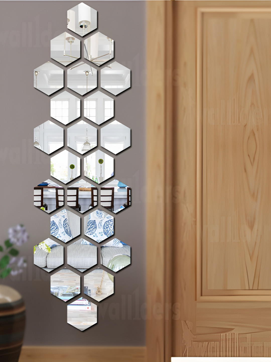Wall1ders Silver Toned 24 Pieces Hexagon Acrylic Mirror Wall Stickers
