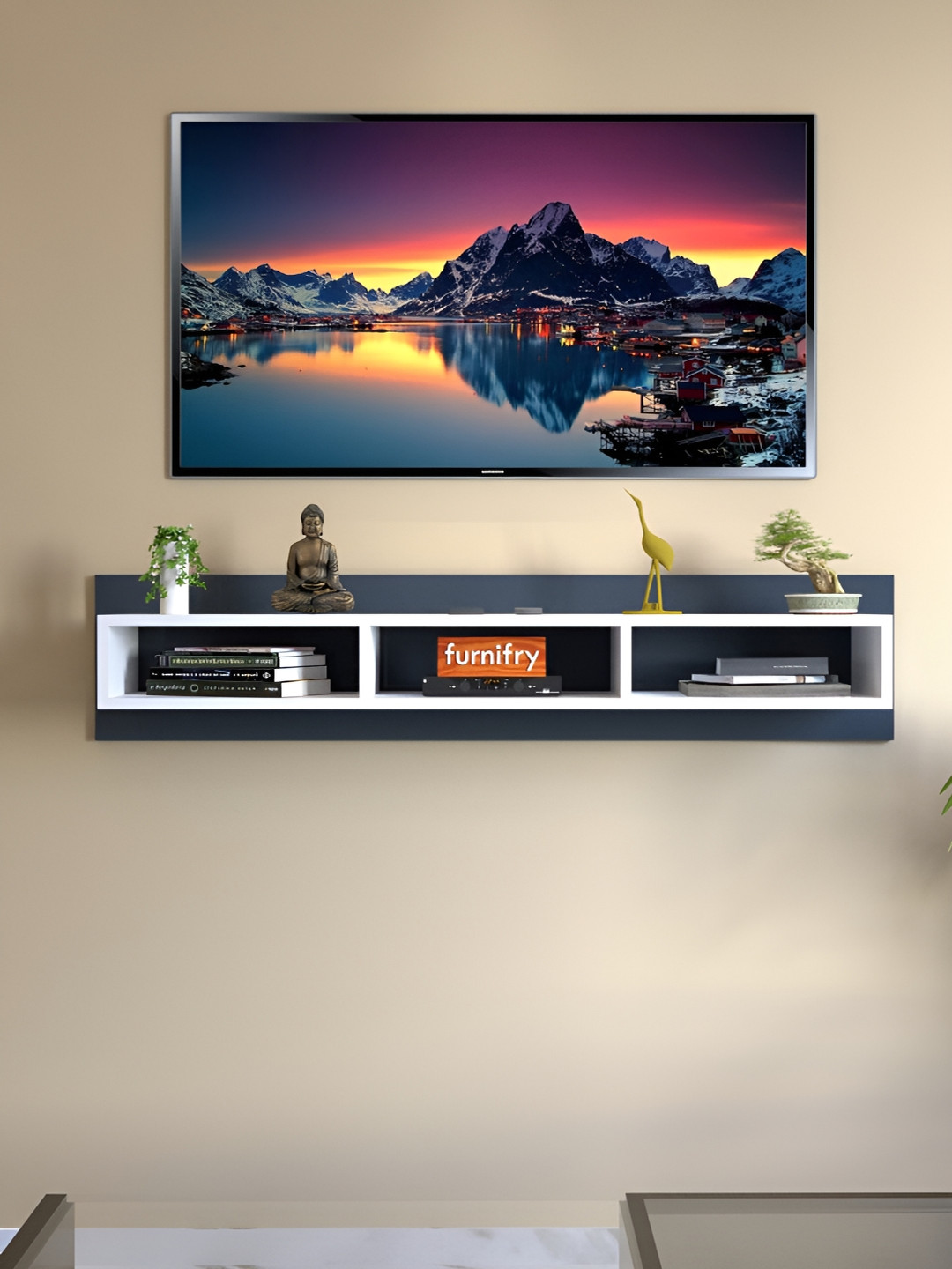 Furnifry Grey & White Wooden Basic Wall Shelf