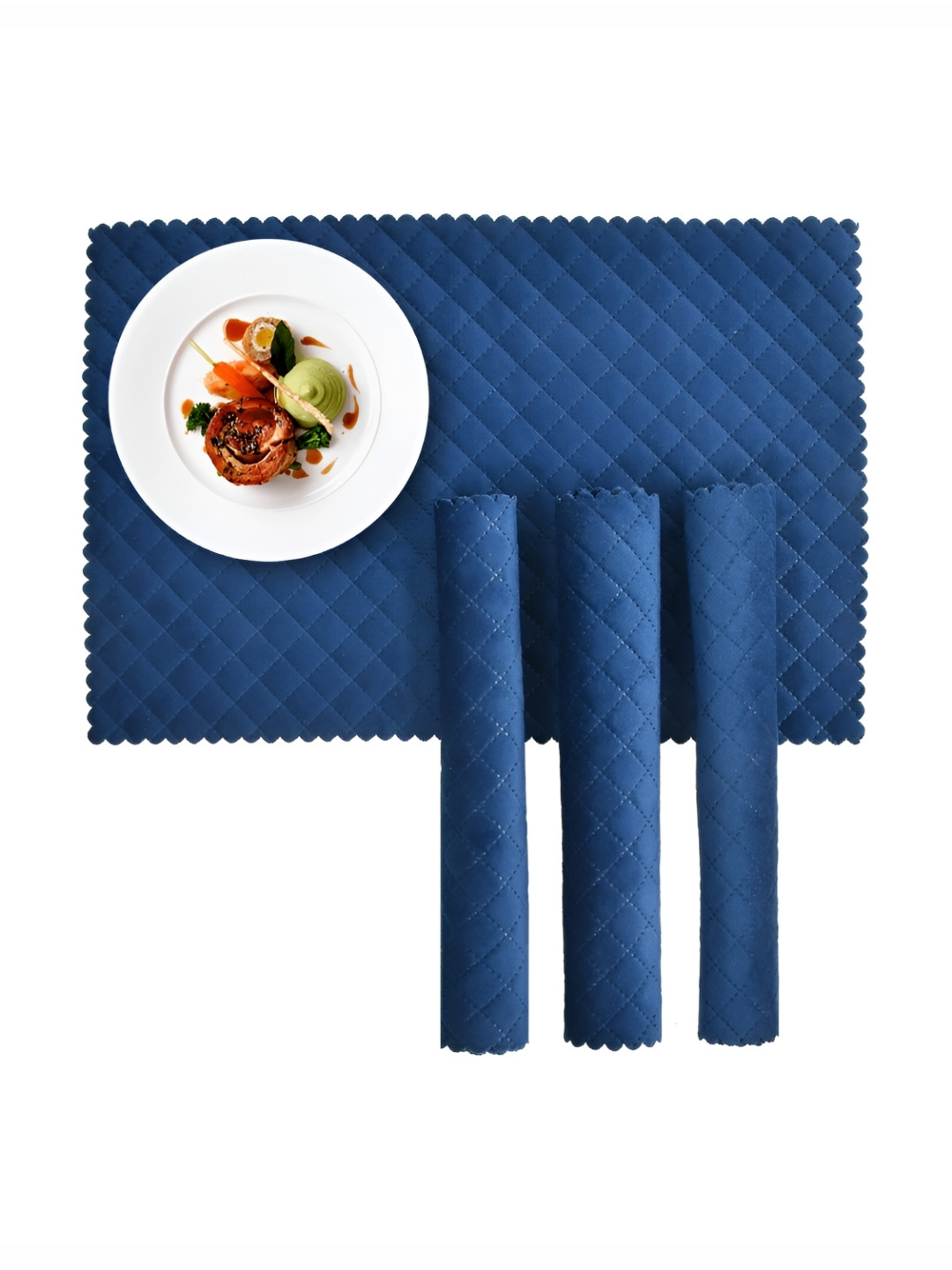 HOMADORN Blue 6 Pieces Velvet Quilted Rectangular Table Placemats