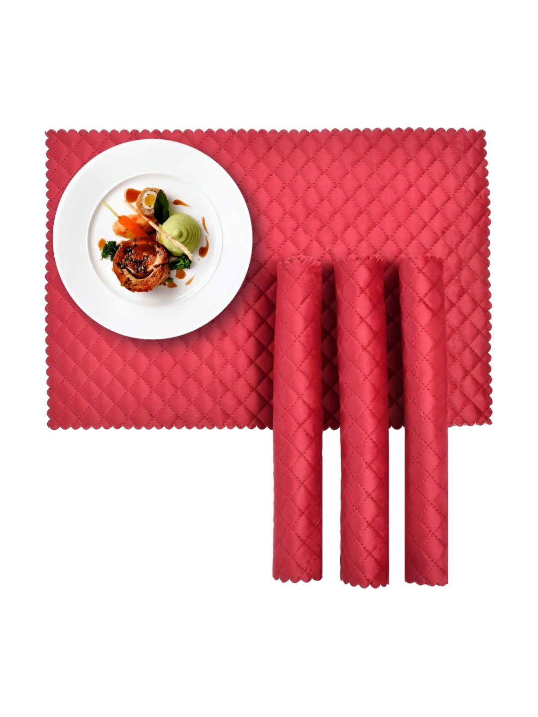 HOMADORN Red 6 Pieces Velvet Quilted Rectangular Table Placemats
