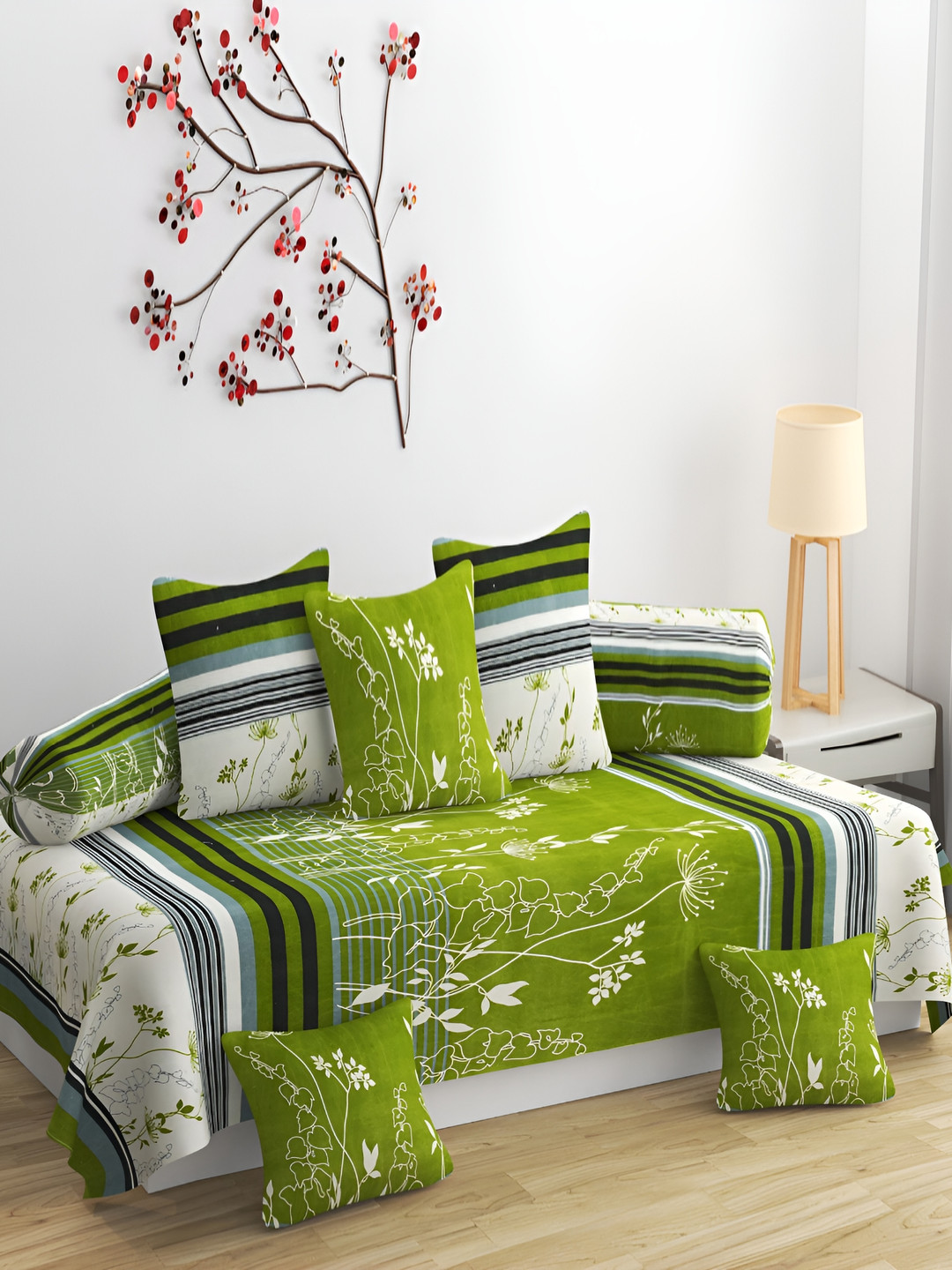 DECOR VATIKA Green & Grey 8 Pieces Floral Printed Diwan Set