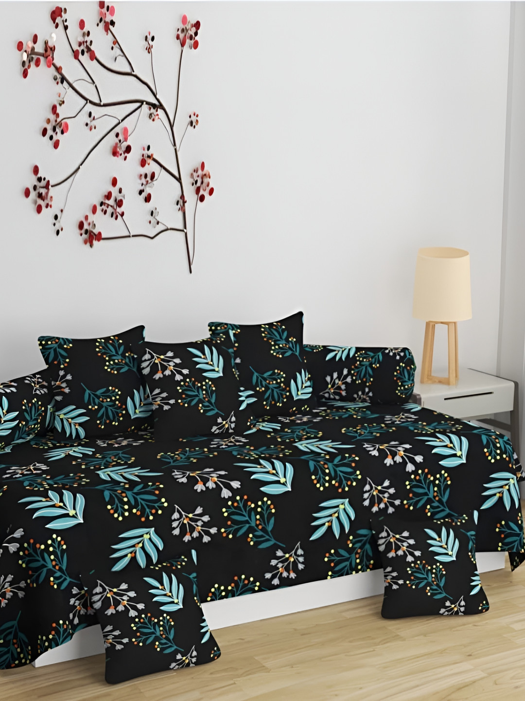 DECOR VATIKA Black & Blue 8 Pieces Floral Printed Diwan Set
