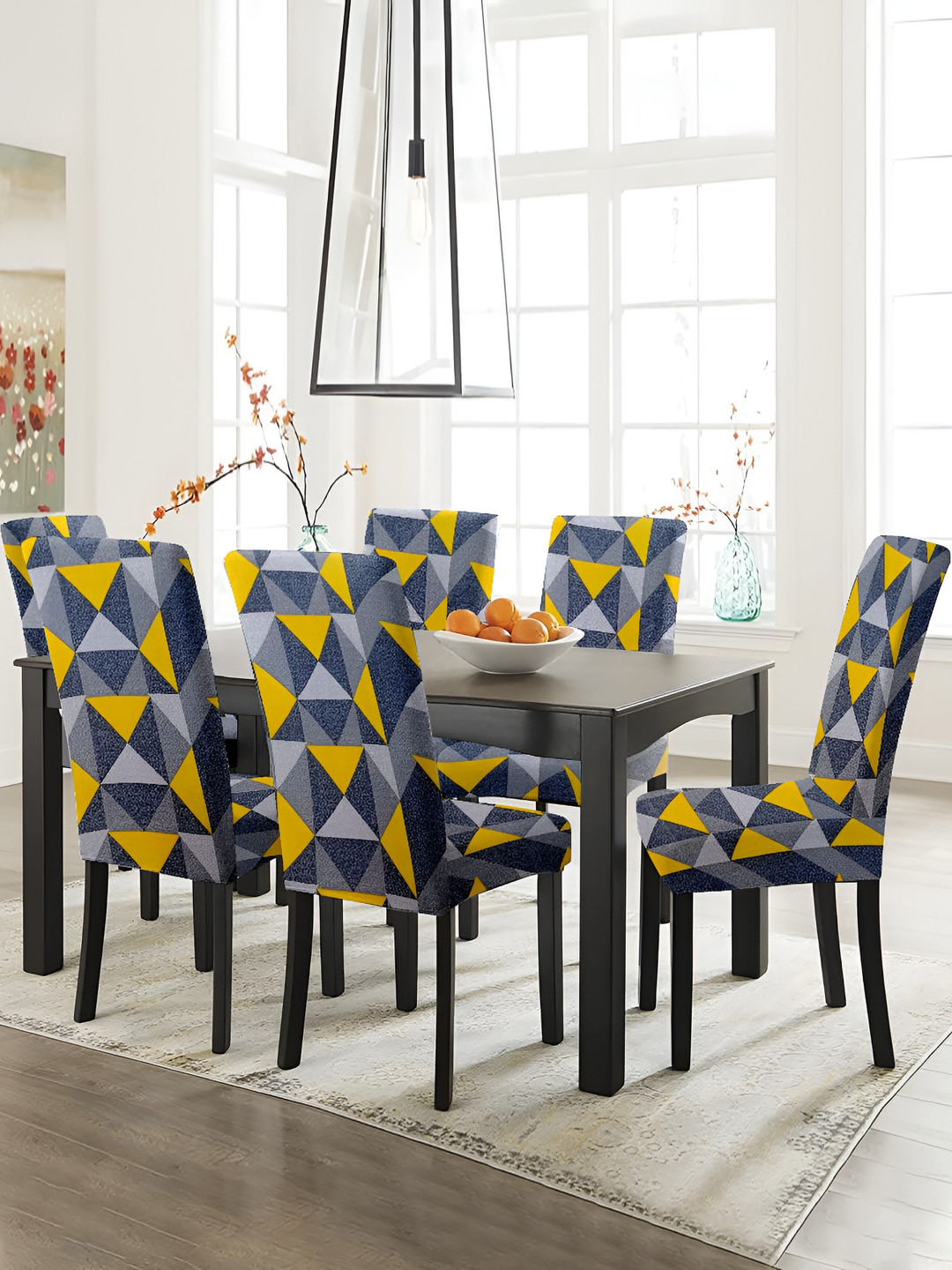 Lazi 200 GSM 1 Piece Grey & Yellow Printed Stretchable Dining Chair Cover