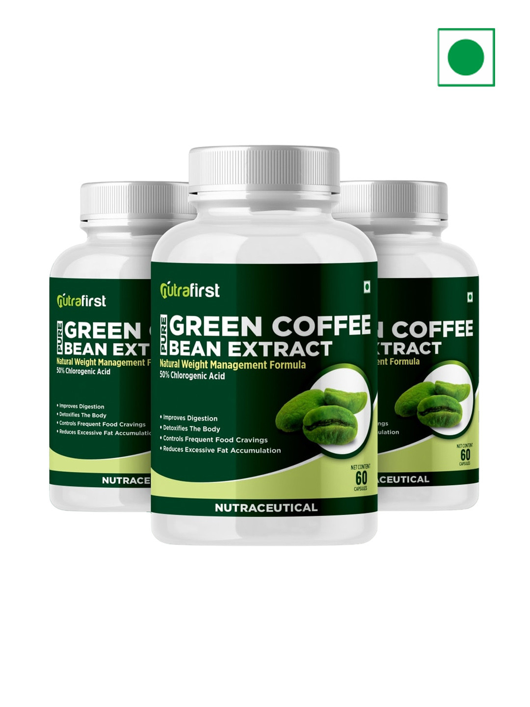 NUTRAFIRST Set of 3 Pure Green Coffee Bean Extract Capsules - 60 Capsule Each