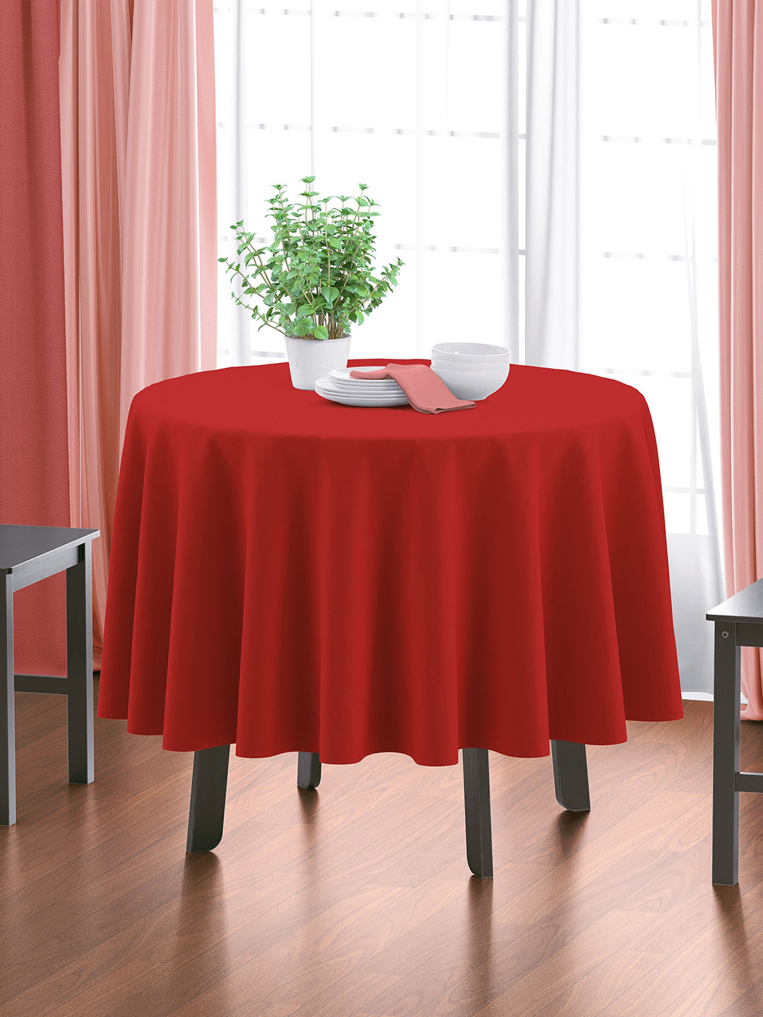 HOME COLORS.IN Red Cotton 4 Seater Round Table Cover