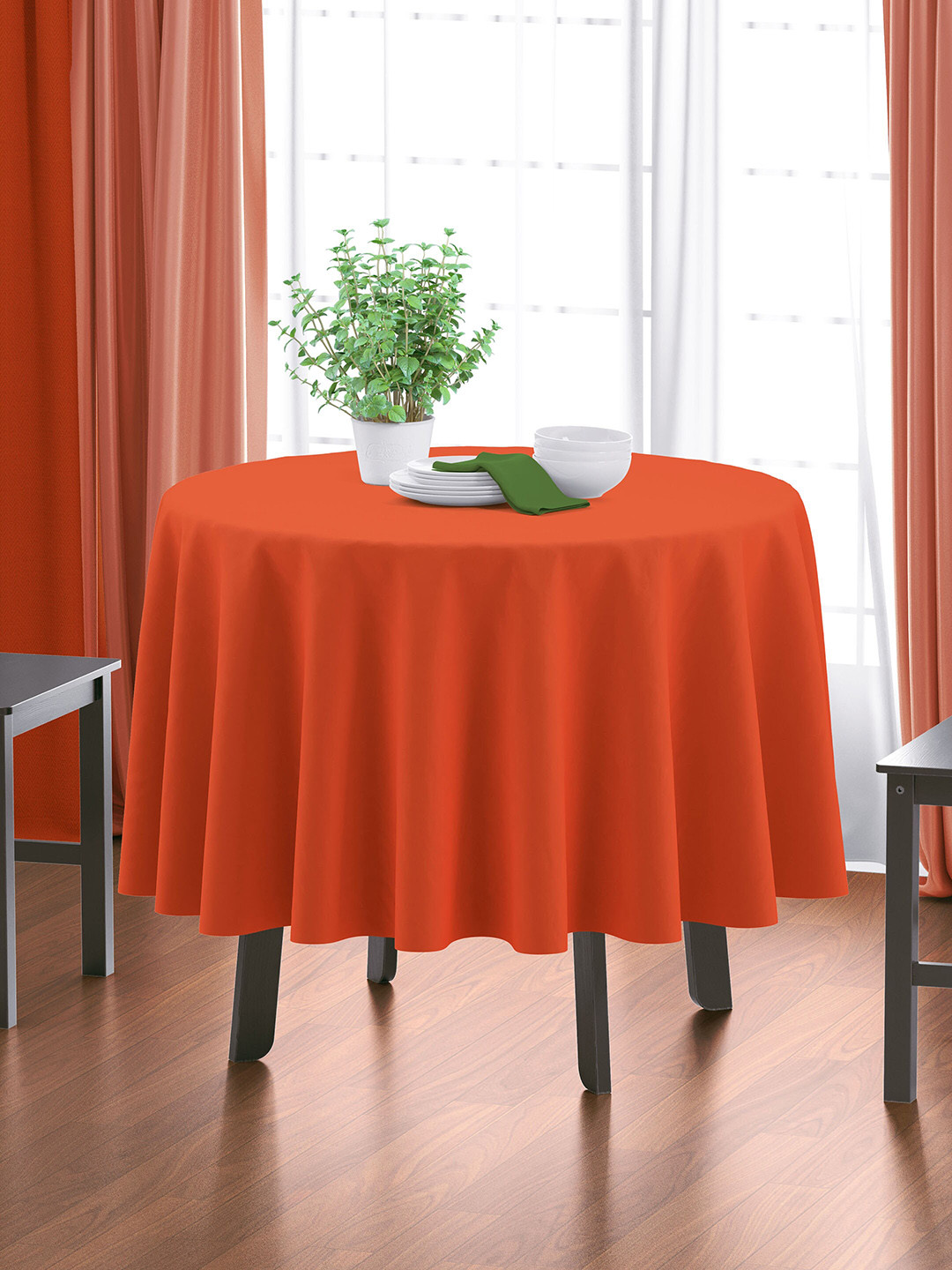 HOME COLORS.IN Orange Cotton 4 Seater Round Table Cover