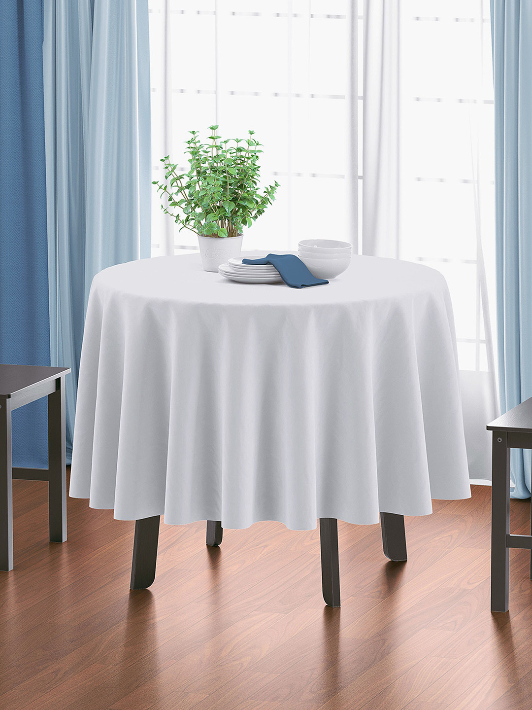HOME COLORS.IN White Cotton 4 Seater Round Table Cover