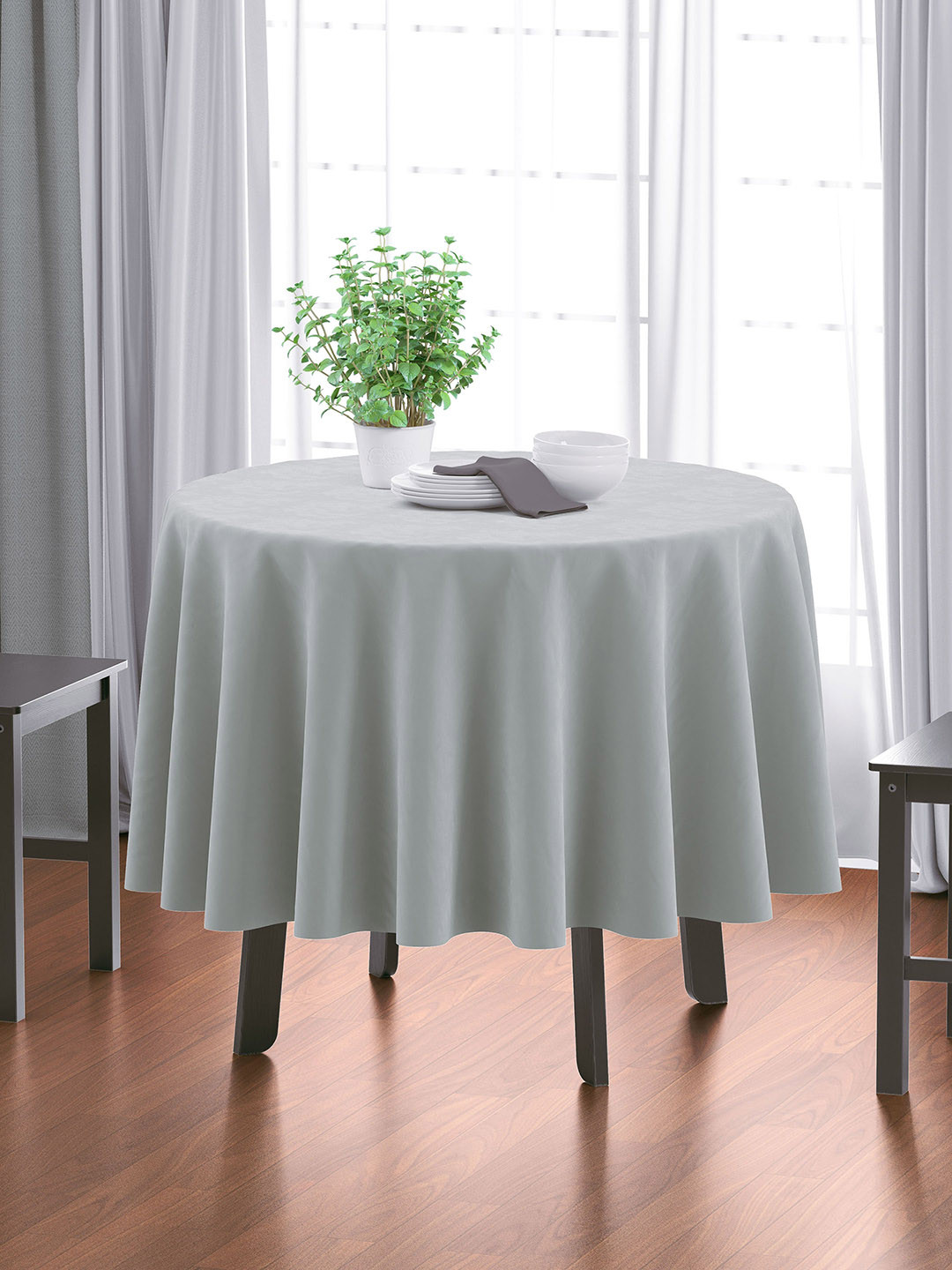 HOME COLORS.IN Light Grey Cotton 4 Seater Round Table Cover