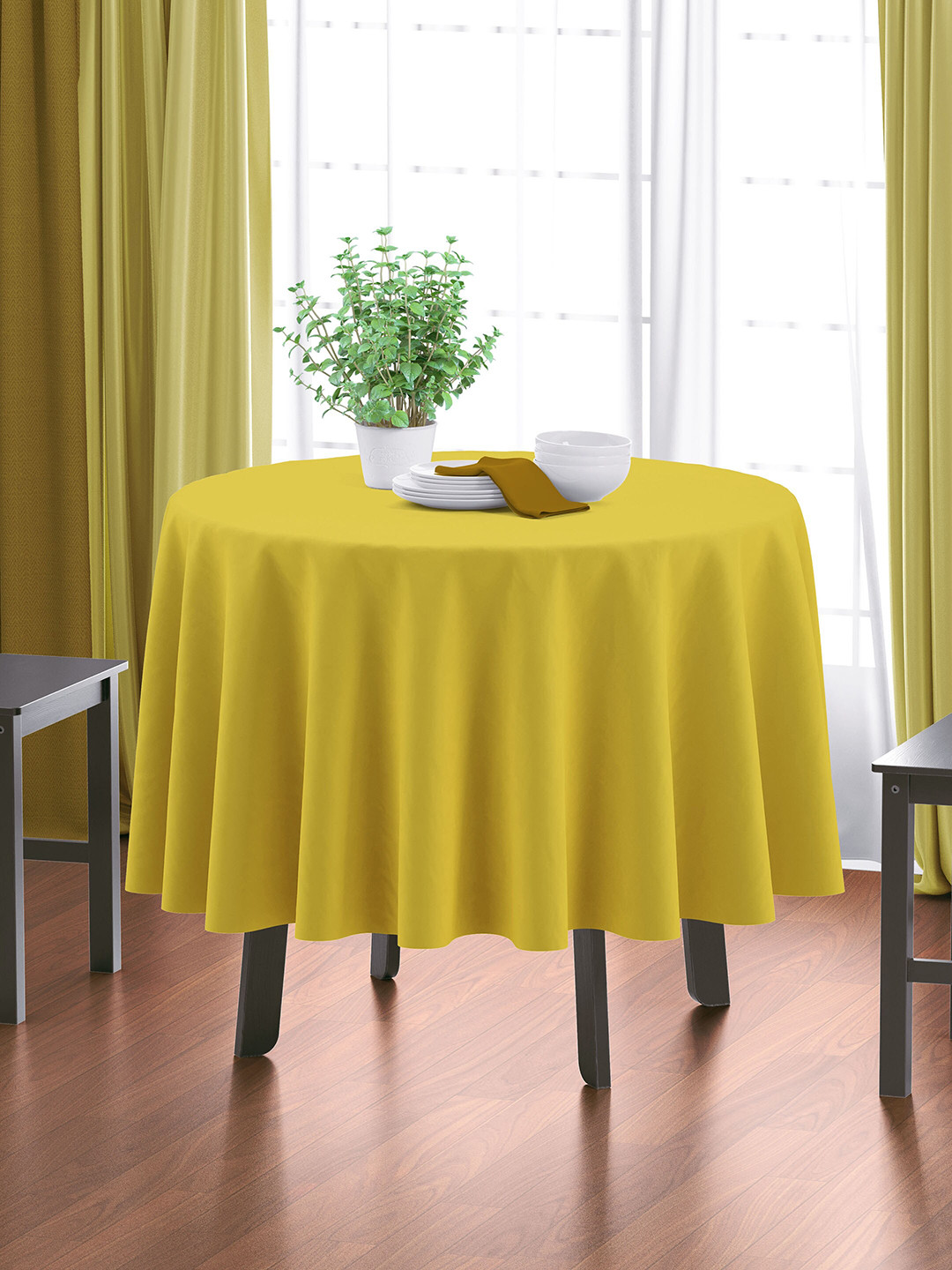 HOME COLORS.IN Yellow Cotton 4 Seater Round Table Cover