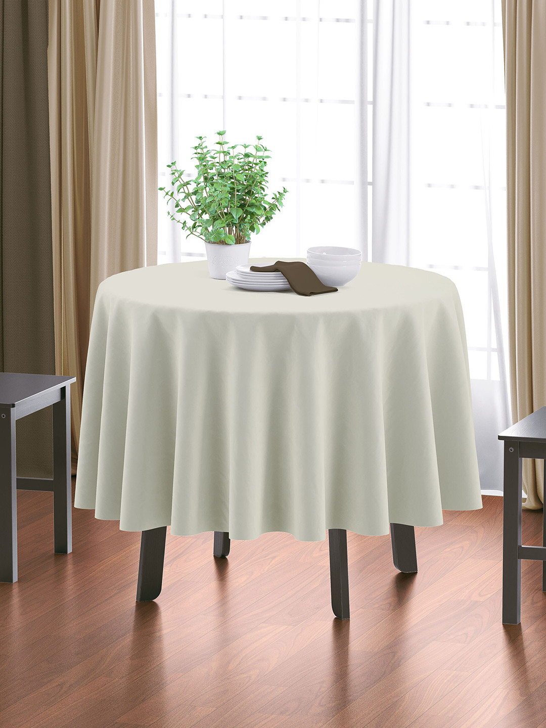 HOME COLORS.IN Cream Cotton 4 Seater Round Table Cover